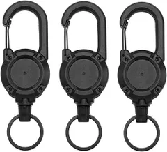 【在庫処分】[YFFSFDC] キーバックリールキーホルダー カラビナ付 リールストラップ 金属ワイヤー 丈夫 最長伸縮60cm 伸縮自在 紛失防止 釣り登山最適 (ブラック3個セット)