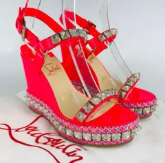 新品未使用★Christian Louboutin・クリスチャンルブタン PYRA RYAD レディース パテントレザー スタッズ ウェッジソール ストラップ サンダル 厚底 (34) ブランド レディース 靴 ピンク