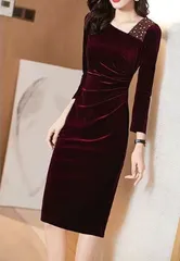 【ワインレッド】ワンピース ひざ丈 ベロアワンショルダー ビジュー 長袖 レディース 秋冬 防寒 お出かけ 上品 きれいめ