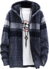 [エンプティオ] フード付き ボーダー ニットジャケット メンズ アウター フルジッパー トップス ニット ジップパーカー パーカー 長袖 ストリート 裏起毛 ジップアップ ニットパーカー ウェア 大人 ジャケットパーカ ボア v [ブラックグレー] [XL]