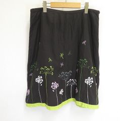 #s ローラアシュレイ Laura Ashley スカート こげ茶 黄緑 マルチ 花 トンボ 刺繍 麻混 リネン混 レディース [900488]  k01