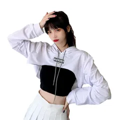 【人気商品】2点セット トップス+タンクトップ 秋服 夏 春 長袖 プルオーバー 女性用 トレーナー フード付き ショート丈パーカー ジャズ hiphop 薄手 ダンス衣装 ヒップホップ レディース へそ出しパーカー [DONLAONE]