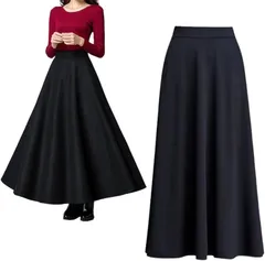 PLEAVIT ロングスカート フレア ハイウエスト ウエストゴム マキシ丈 秋冬 厚手 黒( ブラック,  L ALong)