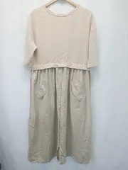 ◇ ⊂ YOCO MORIMOTO ヨーコ モリモト 異素材 五分袖 ロング丈 フレア ワンピース サイズL ベージュ レディース E  【1410230013845】