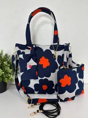 【裁縫ストア・ボヌール】大人かわいい　北欧　大輪花柄　紺/オレンジ色　トートバック　ポーチ/サコッシュ　ミニポーチ　ショルダーバッグ　ハンドバッグ　ハンドメイド　ショルダーストラップ付き　ゴージャス  / №500-422
