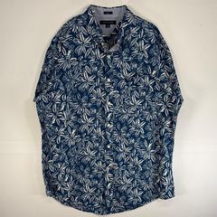 古着 トミーヒルフィガー TOMMY HILFIGER 半袖シャツ ロゴ 刺繍 植物 花 大きいサイズ XL  ブルー 総柄 メンズ
