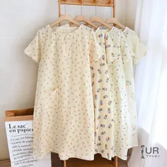 ワンピース   レディース パジャマ ダブルガーゼ 半袖 クルーネック ポケット ルームウェア 柄 ロング丈 旅館 温泉 入院 介護 綿 通気性良く涼しい 薄手 部屋着 夏 liangyi58☆DZ10