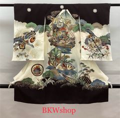 ＜現品限り＞used　産着　正絹　男の子　5つ紋　お宮参り　初着　着物　長襦袢付