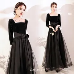 イブニングドレス 黒 ベロア ベルベット ロングドレス ブラック 紗 チュール ドッキング オシャレ 成人式ドレス 20代 結婚式ドレス Aライン xzjhmkj#