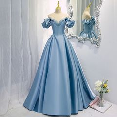 カラードレス  ロングドレス パーティードレス 結婚式 二次会 オフショルダー パフスリーブ ブルー  プリンセスラインドレス 発表会 演奏会 ステージドレス イブニングドレス 大人 0817