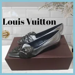 正規品 美品 Louis Vuitton ルイヴィトン パンプス ローファー シルバー メタリック 22.5 リボン ポインテッドトゥ ローヒール