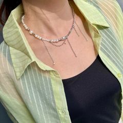 【錆びないｺｰﾃｨﾝｸﾞ】パールシルバーネックレス