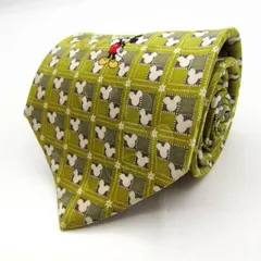 ディズニー ブランド ネクタイ ミッキー キャラクター柄 格子柄 花柄 シルク PO  メンズ カーキ Disney 【中古】