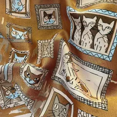 j3-b▼160×50cm▼ジャガード生地▼ネコ　猫柄　ブラウン　アート風　レトロ　薄手　織り模様　ジャカード　ねこ　ゴールド　金色　油絵　写真　動物　ハンドメイド