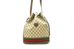 オールド グッチ ヴィンテージ シェリーライン ショルダーバッグ 巾着 バケツ型 0850 GGプラス PVCレザー 茶 ブラウン GUCCI 3033h