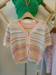 カラフル ストライプ 半袖 ニット カーディガン