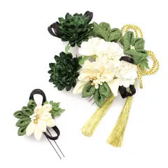 髪飾り 成人式 つまみ細工 水引 振袖 前撮り 袴 浴衣 夏祭り 花火大会 2点セット 緑 白 ちりめん 緑 抹茶房付き 組紐 和柄 ヘ No.9-4013