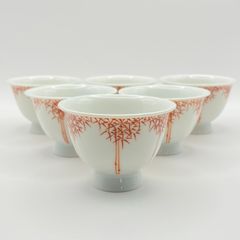 煎茶茶碗 赤絵 笹竹 ６客　加藤和峰　紙箱入　煎茶道具　茶器　陶磁器　未使用