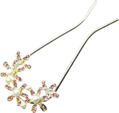 Miaomyao ミャオミャオ 簪 かんざし U字型 髪飾り 和装 留袖 着物 浴衣 金属 アンティーク ジャスミン フラワー花 パール キュービックジルコニア ヘアアクセサリー(シルバー,  小さめ)