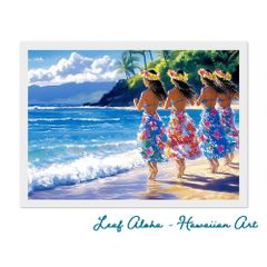 ハワイの海アート A4額付き｜波と踊るフラガールの浜辺 No.18 Leaf Aloha