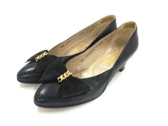 ■美品■ Salvatore Ferragamo フェラガモ レザー×スエード リボン パンプス ヒール サイズ 5 1/2 (約22.5cm) 靴 ブラック系 DG5130