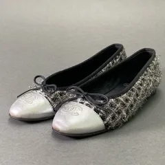 6f8 CHANEL シャネル ココマーク リボンバレエシューズ 36 1/2 シルバー ブラック ラメツイード フラット パンプス