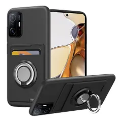 Xiaomi 11T / 11T Pro ケース リング付き シリコン 背面 カード収納 シャオミ 11T / 11T Pro スマホケース スタンド機能 360°回転リング 耐衝撃 耐久 滑り止め 黑のサムネイル