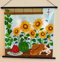 四季彩布タペストリー【盛夏】軸付きタペストリー 夏壁飾り 猫壁飾り向日葵 ひまわり壁飾り 8月飾り 新品未使用品 日本製