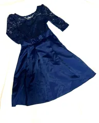 パーティードレス 結婚式　 ストレッチレースサテン ドレス ワンピース ネイビー  フォーマル Sサイズ