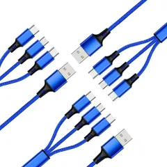 ライトニングケーブル 1.2M マルチUSBケーブル 3in1充電ケーブル 3A急速充電 iOS/Android/タイプC適用　同時充電  一本三役 　3本セット　カラー：ブルー