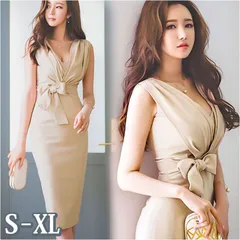 ☆ ベージュ ☆ ドレス ワンピース レディース pmyonlyyou07 ワンピース レディース タイト タイトワンピース 膝 ひざ パーティドレス ひざ丈ワンピース ひざ丈ワンピ スリット Vネック ノースリーブ シンプル 無地 セクシー 結婚式 二次会