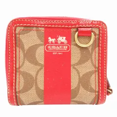 コーチ COACH シグネチャー 二つ折り財布 コンパクト ウォレット ロゴ PVC レザー ベージュ 赤 レッド /GV ■GY18
