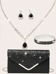 ジュエリー レディース セット 4点セット ラインストーンジュエリー ネックレス ピアス ブレスレット 女性用 イブニングクラッチバッグ ブライダル ウェディング 字型フラップ封筒クラッチ 取り外し可能な金属チェー