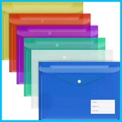 A4 クリアファイル ボタン【 6色6枚セット 】ファイル袋 ボタン式 封筒型ファイル 横型 タグポケット付き クリアファイルバッグ A4 防水 書類整理 資料収納 文房具