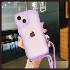 スマホケース 携帯ケース 紫 紐付き 女の子 iPhoneケース アイフォン ソフトケース 新品 未使用 クリア 人気 ウェーブ フルカバー 薄型 ショルダーおしゃれ 韓国 可愛い 便利 安い iPhone14  iPhone15 iPhone16 パープル