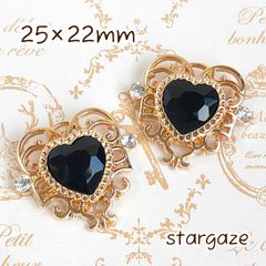 【 2個 】 25×22mm ハートセンターパーツ ストーン ビジュー ブラック×ゴールドフレーム
