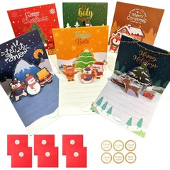 【新着商品】お祝いカード 雪だるま 可愛い クリスマスカード+6枚封筒+6枚シールステッカー付き)クリスマス柄 グリーディングカード(6枚 3D立体 xmas メッセージカード セット クリスマスカード