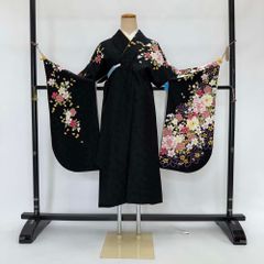 二尺袖 単品 卒業式着物 黒 裄69cm LLサイズ  袴用着物 化繊 中古 4530
