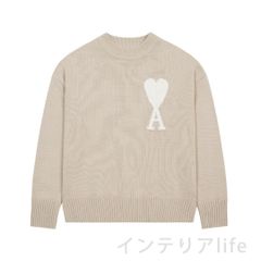 人気極美品 AMI PARIS 24秋冬新作クラウドシリーズピンクビッグハートニットラウンドネックセーター、ベージュ  男女兼用#03