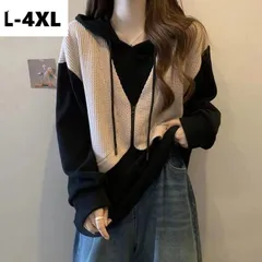 クーポンで10%OFF★レディーストレーナー 薄手 重ね着風 フード付き 切替 長袖 パーカー 大きいサイズ カジュアル 体型カバー おしゃれ ゆったり かわいい LUFA174(2色L-4XL)