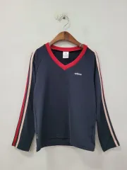 アディダス 3本線 Vネック 長袖 Tシャツ ネイビー