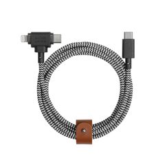 Native Union ベルトケーブル デュオ 1.5m 超強力編組ユニバーサル充電ケーブル 再生素材製 2-in-1 マルチデバイス MFi認証コネクター、LightningおよびType-Cデバイス向け (Zebra)