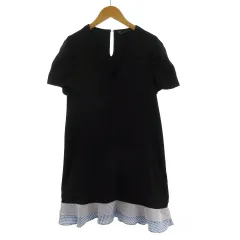 ザラ ベーシック ZARA BASIC ワンピース ひざ丈 Vネック 半袖 レイヤード風 裾フリル ブラック 黒 ブルー 青 ホワイト 白 S