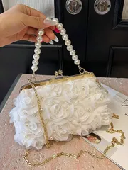 バッグ レディース ドレスバッグ 1個 ホワイト ロマンチックウェディングシーズン2025年春夏パールネットヤーン フラワークリップ パール レディース高級ラグジュアリードレスイブニングバッグ、ウェディングパーティ