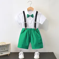 ☆ グリーン ☆ 90cm ☆ フォーマルスーツ pk23a031 フォーマルスーツ 男の子 おしゃれ 4点セット キッズ 半袖 子供スーツ 子供服 フォーマル スーツ セットアップ 上下セット 4点 セット シャツ 半袖シャツ ズボン ストラップ リボン