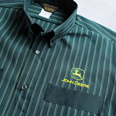【JOHN DEERE】ジョンディア ロゴ刺しゅう ワークシャツ グリーンストライプ デッドストック Mサイズ PROTEXALL アメリカ製