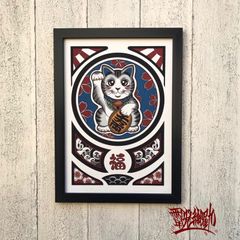 尾九 開運イラスト 招き猫 サバトラ柄 A4サイズ  フレーム付き