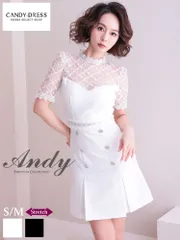 ホワイト【ANDY Fashion Press vol.14 掲載商品】ドットレース/ ダブルボタン/ 半袖/ 袖あり/ プリーツ/ ミニドレス/ キャバドレス[OF05] [ON2714-W-2303]