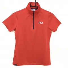 【超美品】フィラゴルフ 半袖ハイネックシャツ レッド×ネイビー ハーフジップ ロゴ刺しゅう レディース M ゴルフウェア FILA GOLF