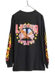 【お得なクーポン配布中!】 00s USA製 4面 ファイヤー プリント 長袖 Tシャツ メンズ L / オールド バイク イラスト オフィシャル ロンT  ヘビーウェイト 黒 ハーレー